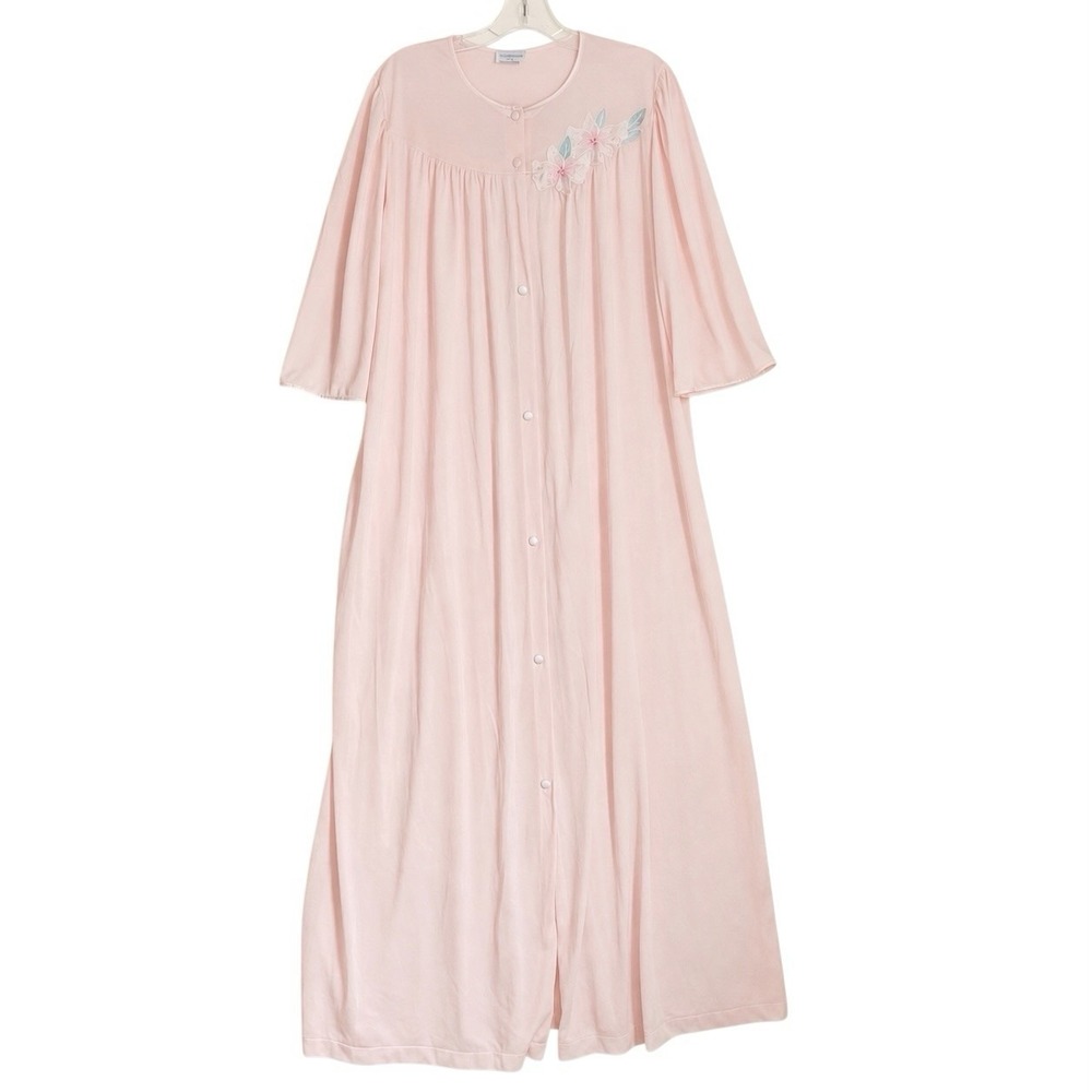 Vintage 70s Lorraine Nightgown Robe Size M Pastel Pink Applique Floral Nylon USA